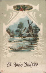 A Happy New Year Winter Windmill Scene with Holly and Berries Postcard