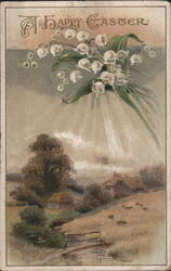 Happy Easter Lily of the Valley Flowers, Rural Landscape Postcard