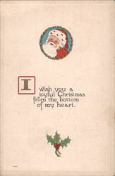 Santa Claus Christmas Greeting with Holly and Wreath Postcard