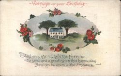 Birthday Greetings with House, Trees & Red Flowers, Wolcott NY Postmark 1921 Postcard
