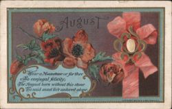 August Month Card with Poppies, Ribbon & Moonstone Poem Postcard