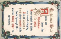 Christmas Bells Poem with Holly & Berries, Religious Holiday Greeting Postcard
