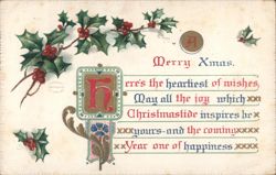 Merry Christmas Greeting with Holly and Berries, Decorative Initials Postcard