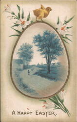Easter Egg with Landscape, Chick, and Lilies 'A Happy Easter' Postcard