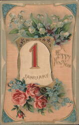 Happy New Year January 1st with Floral Design Postcard