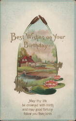 Best Wishes on Your Birthday with Cottage, Stream & Water Lilies Postcard
