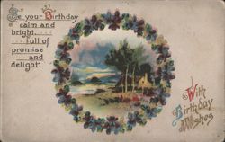 Birthday Wishes with Floral Wreath and Landscape Vignette Postcard