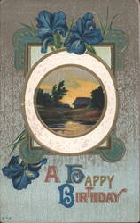 Happy Birthday Greeting with Sunset Landscape and Blue Irises Postcard