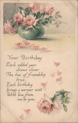 Birthday Greeting with Pink Roses in Green Vase & Sentimental Poem Postcard