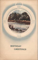 Birthday Greetings with River Scene and Birds in Lifebuoy Frame Postcard