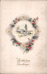 Birthday Greetings with Rural House Scene and Floral Wreath Postcard