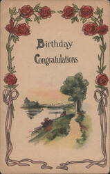 Birthday Congratulations with Roses, River Scene Postcard