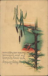 Happy Birthday Wishes with Cattails & Sunset Landscape Illustration Postcard