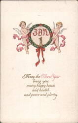 New Year's Greeting with Cherubs Holding JAN 1 Wreath Postcard