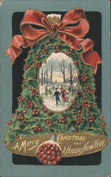 Christmas Bell Wreath with Ice Skaters, Merry Christmas & Happy New Year Postcard