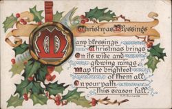 Christmas Blessings with Holly, Berries, and Festive Ribbon Design Postcard