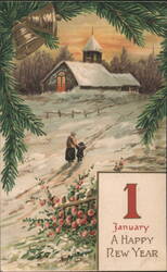 Winter Church Scene, Woman & Child, 1 January Happy New Year Postcard