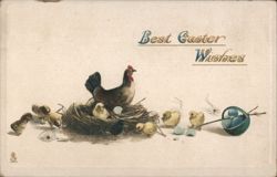 Best Easter Wishes with Hen, Chicks, and Eggs in Nest Postcard