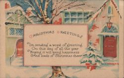 Christmas Greetings Snow Covered Houses & Trees Winter Scene Postcard