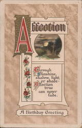 Birthday Greeting with Affection Verse, Moonlit Landscape & Red Roses Postcard