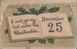 Christmas Greeting with Holly & Berries and December 25 on Open Book Postcard