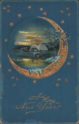 Happy New Year Winter Village Scene in Crescent Moon with Gold Stars Postcard