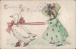 Easter Joys Be Thine, Girl Leading Geese with Bows Postcard