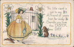 Easter Greeting with Woman, Bonnet Shop, and Bunnies Postcard