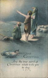 Religious Christmas Greeting: Shepherds and Sheep under a Guiding Light Postcard