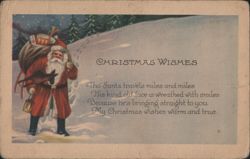 Santa Claus with Sack of Toys and Deer in Snowy Landscape, Christmas Wishes Postcard