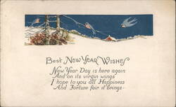 New Year Wishes, Winter Scene with Birds, Snow, and Cabin Postcard