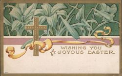 Wishing You a Joyous Easter with Cross, Ribbons & Lilies Postcard