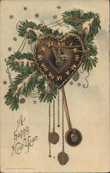 New Year's Heart Clock with Pine Branches, Snow, and Stars, 1911 Postcard