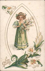Easter Greetings Girl with Chick and Lilies in Egg Frame Postcard