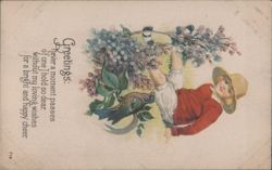 Child Upside Down on Lilac Branch with Birds, 'Greetings' Poem Postcard