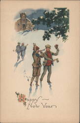 Happy New Year Boys Blowing Horns & Ringing Bells in Snowy Village Scene Postcard