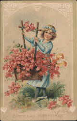 Lydia, Young Girl with Flower Basket, Birthday Greetings Postcard