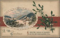 Merry Christmas Snow Scene with Mistletoe and Winter Village Postcard