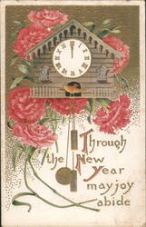 New Year's Clock with Red Flowers and Bird, 'May Joy Abide' Postcard