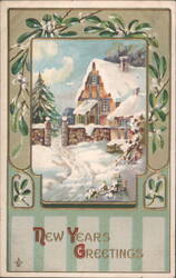 New Years Greetings, Snowy House & Pine Trees with Mistletoe Border Postcard