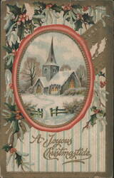 A Joyous Christmastide Winter Church Scene with Holly and Mistletoe Postcard
