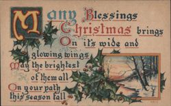 Many Blessings Christmas Greeting with Holly and Winter Landscape, 1910 Postcard