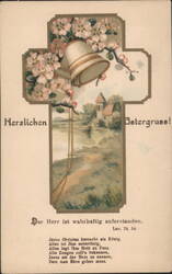 Easter Greeting Cross Cherry Blossoms Bell Lake Church German Verse Postcard