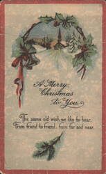 Merry Christmas Greeting with Holly Wreath, Bells, and Snowy Church Scene Postcard