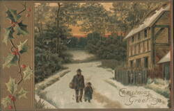 Man and Child Walking in Snowy Woods, Christmas Greetings Postcard