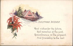 Christmas Wishes Winter Scene with Poinsettias and Snowy House Postcard