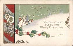 Snowy Christmas Village with Holly and Candles, 'Merry Christmas' Postcard