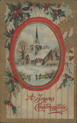 Snowy Church Scene, Holly & Berries, A Joyous Christmastide, Kinderhook NY 1915 Postcard