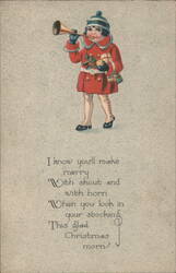 Child in Red Coat Blowing Horn, Christmas Morning Poem Postcard