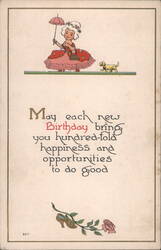Girl with Umbrella and Dog, Birthday Greeting Postcard
